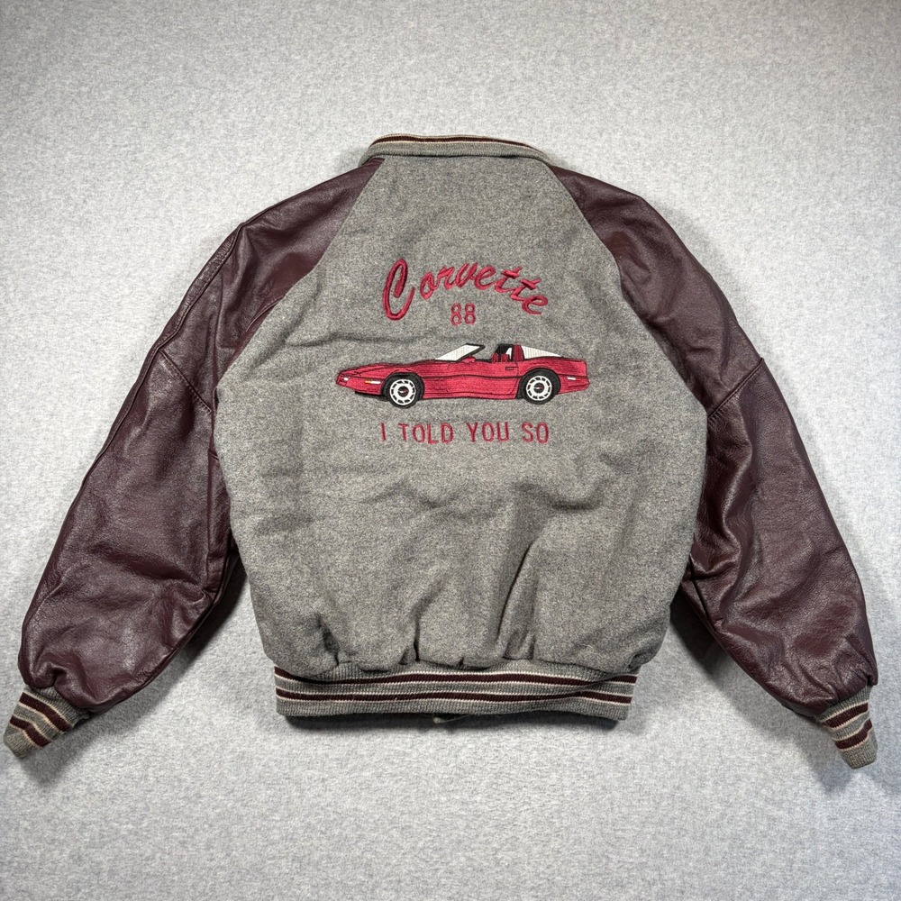 Vintage 1988 Corvette Varsity Jacket Mens 46 (M?) Gray Burgundy USA Leather Wool